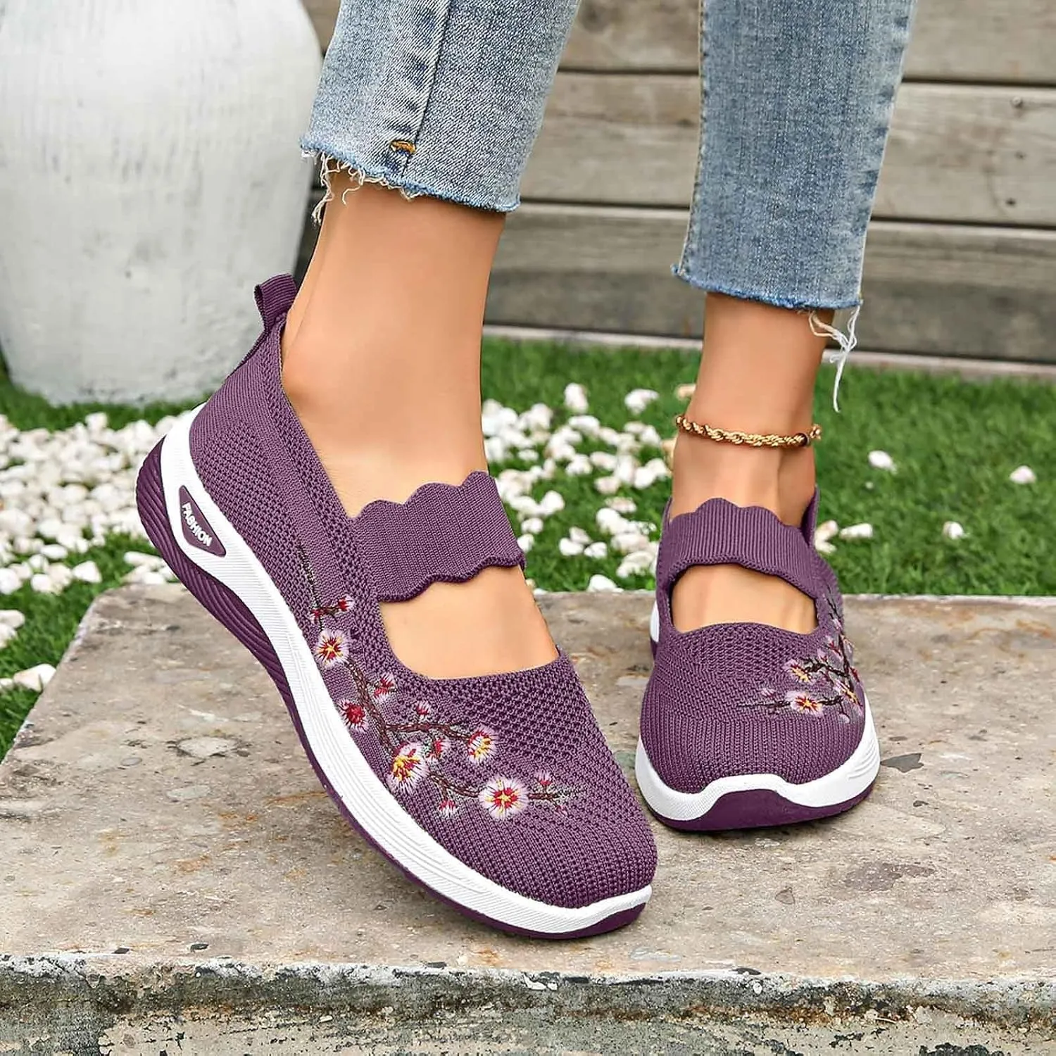 Orthopedic Shoes for Women,Embroidered Flower Shoes,Woven Breathable Soft Arch Support,Nurse Shoeses Casual Walking Sneakers