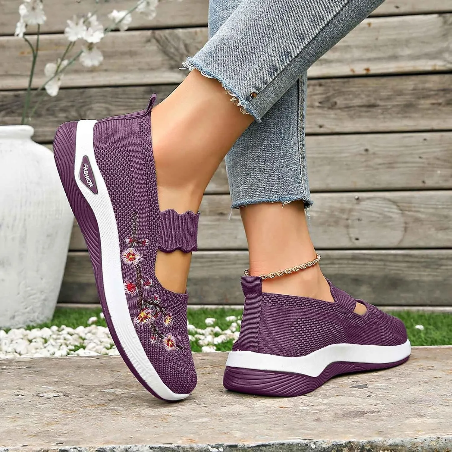 Orthopedic Shoes for Women,Embroidered Flower Shoes,Woven Breathable Soft Arch Support,Nurse Shoeses Casual Walking Sneakers