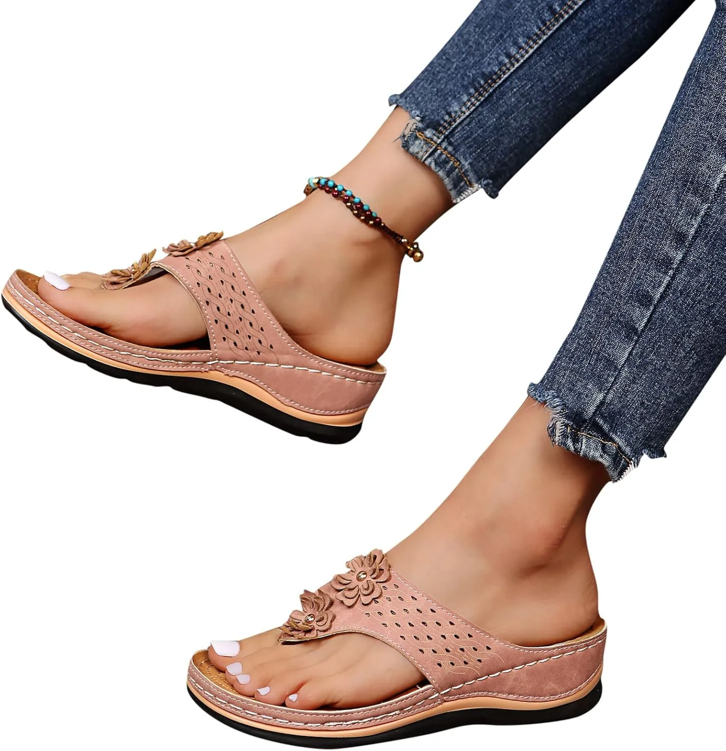 Orthopedic Wedge Platforms Sandals for Women, Women Walking Slippers with Arch Support Anti-Slip Breathable Sandal Slip On Flip Flops Open Toe Beach Dress Comfortable Outdoor Shoes (2-Pink, 8)