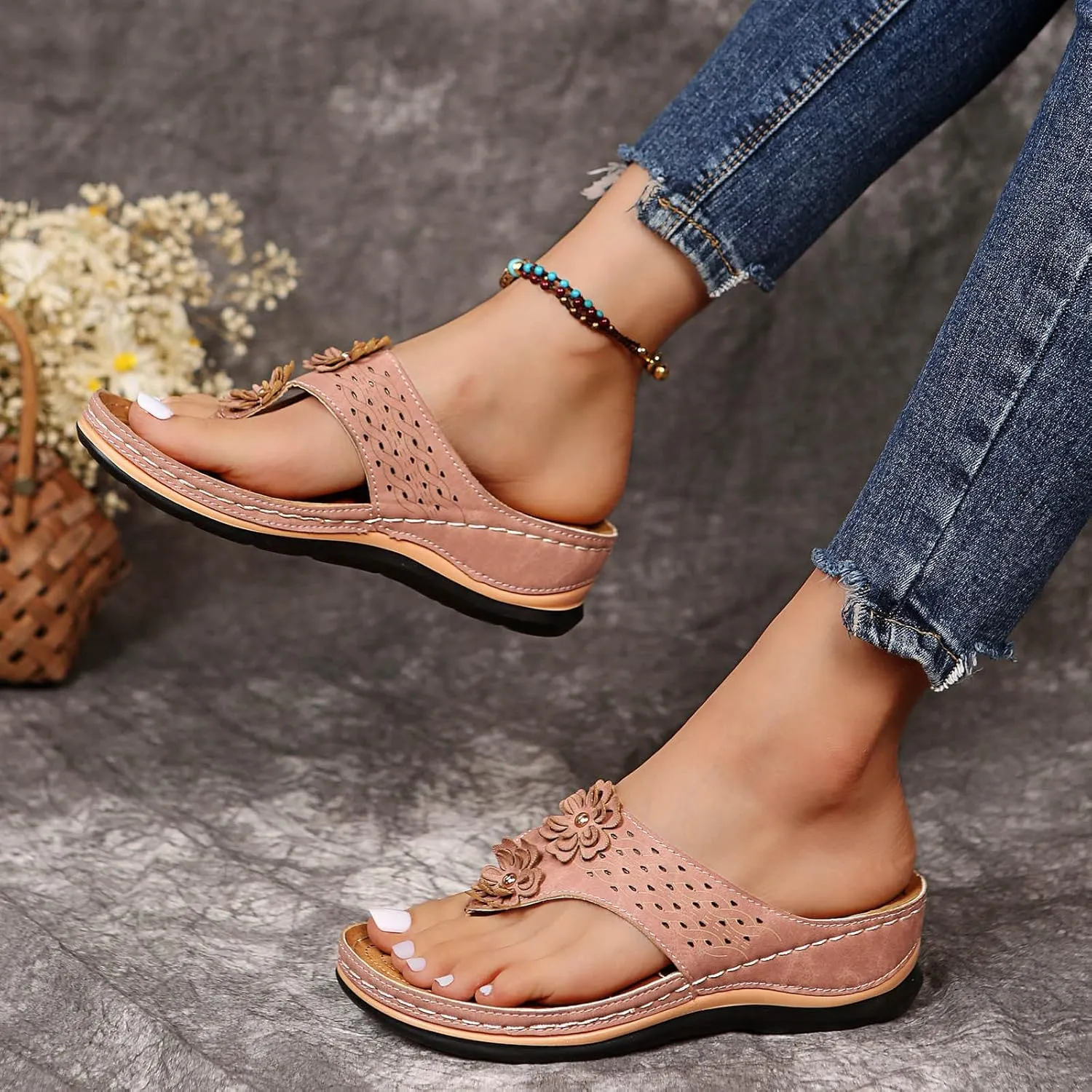 Orthopedic Wedge Platforms Sandals for Women, Women Walking Slippers with Arch Support Anti-Slip Breathable Sandal Slip On Flip Flops Open Toe Beach Dress Comfortable Outdoor Shoes (2-Pink, 8)