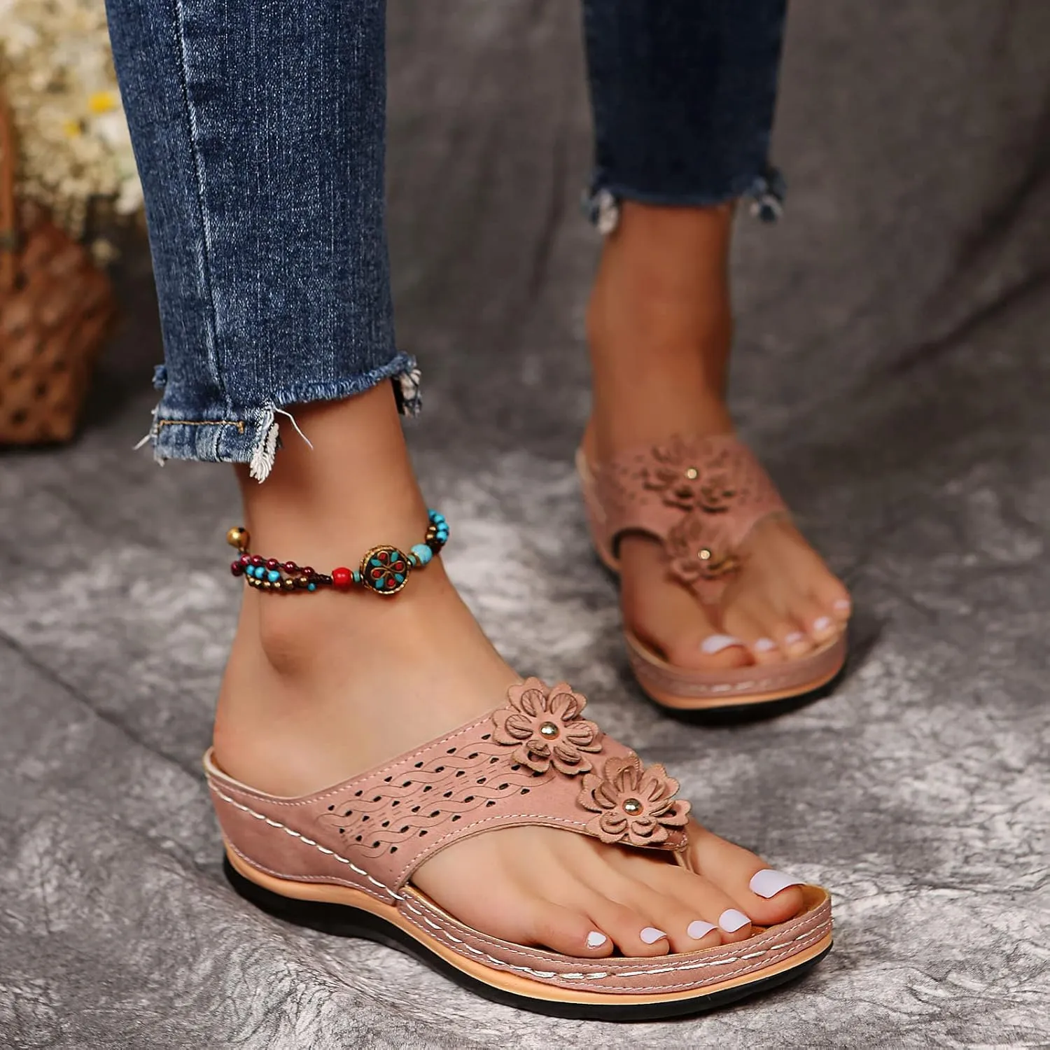 Orthopedic Wedge Platforms Sandals for Women, Women Walking Slippers with Arch Support Anti-Slip Breathable Sandal Slip On Flip Flops Open Toe Beach Dress Comfortable Outdoor Shoes (2-Pink, 8)