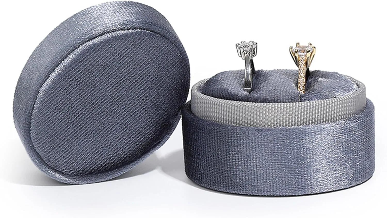 Oval Velvet Ring Box - 2 Slots Premium Gorgeous Vintage Double Ring Display Holder with Detachable Lid for Proposal, Engagement, Wedding, Ceremony(Haze Blue)