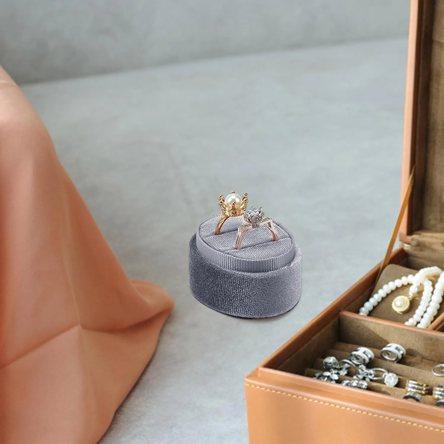 Oval Velvet Ring Box - 2 Slots Premium Gorgeous Vintage Double Ring Display Holder with Detachable Lid for Proposal, Engagement, Wedding, Ceremony(Haze Blue)