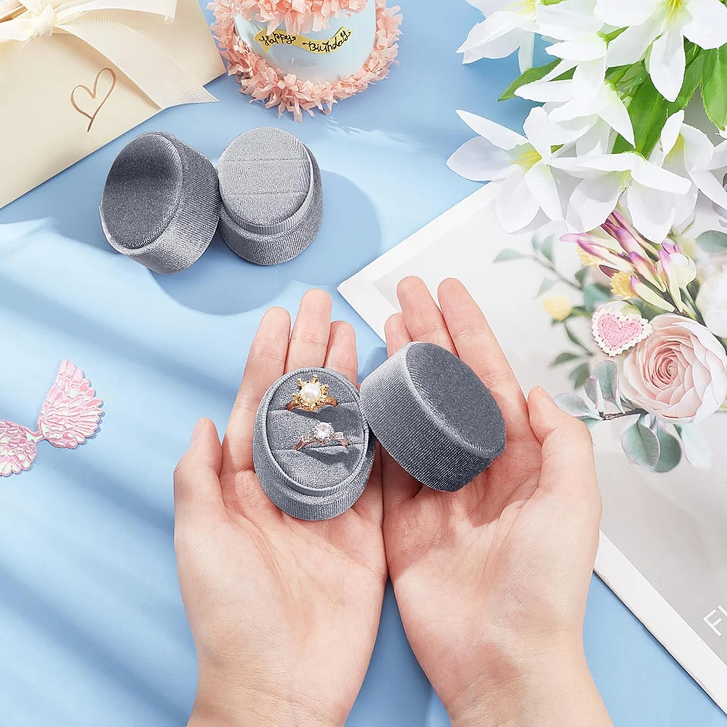 Oval Velvet Ring Box - 2 Slots Premium Gorgeous Vintage Double Ring Display Holder with Detachable Lid for Proposal, Engagement, Wedding, Ceremony(Haze Blue)