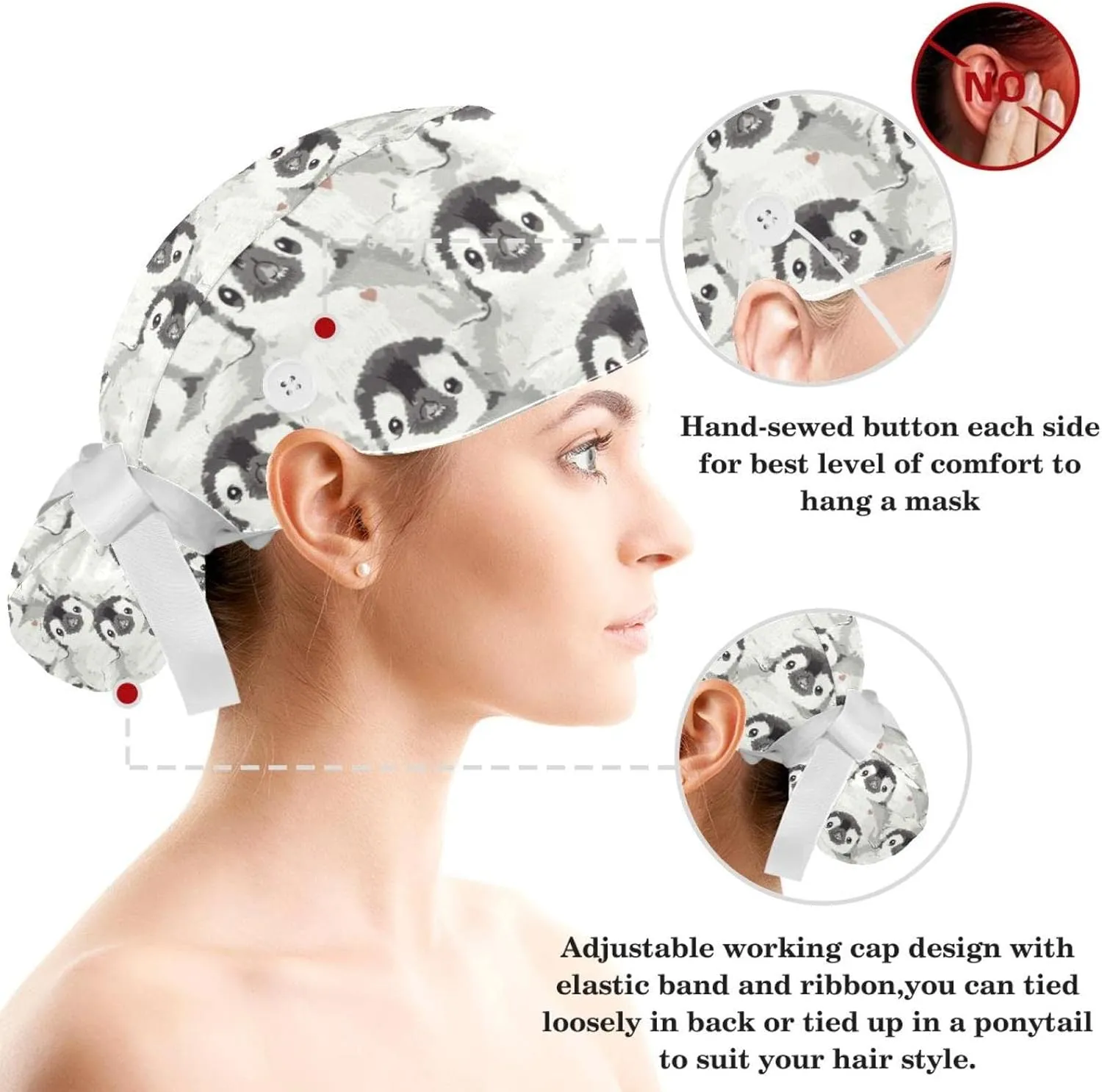 Pink Cow Working Cap with Button Bouffant Turban Cap Adjustable Hats Bouffant Hair Cover with Hairband