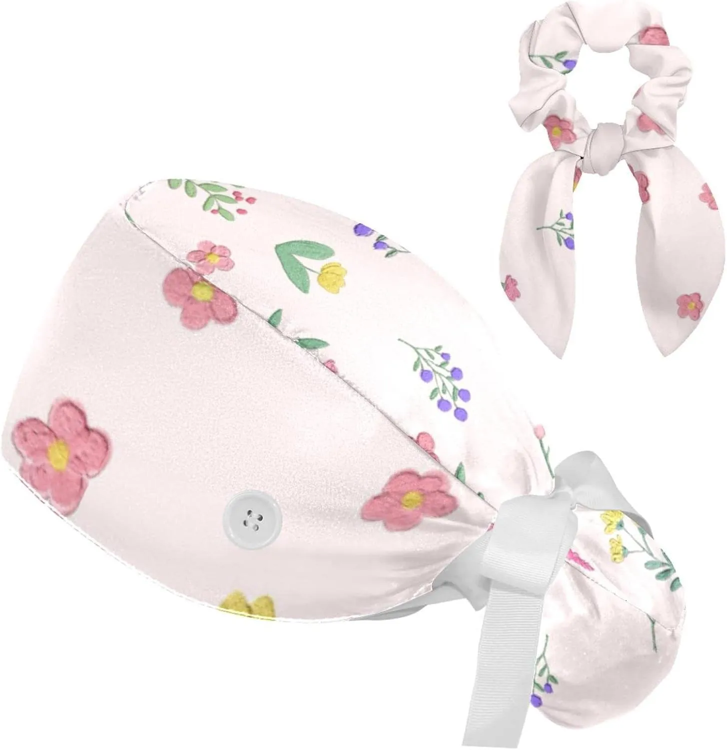 Pink Cow Working Cap with Button Bouffant Turban Cap Adjustable Hats Bouffant Hair Cover with Hairband
