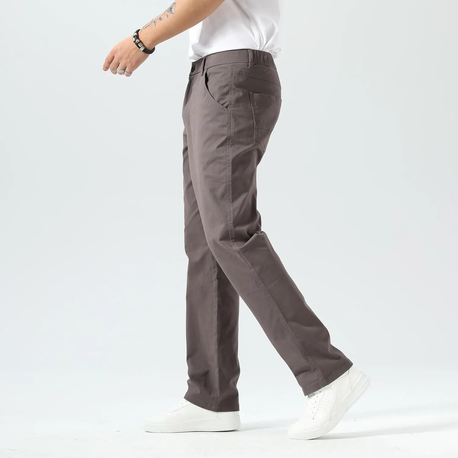 Plaid&Plain Men's Khaki Pants Stretchy Straight Fit with Side Pocket and Elastic Waistband