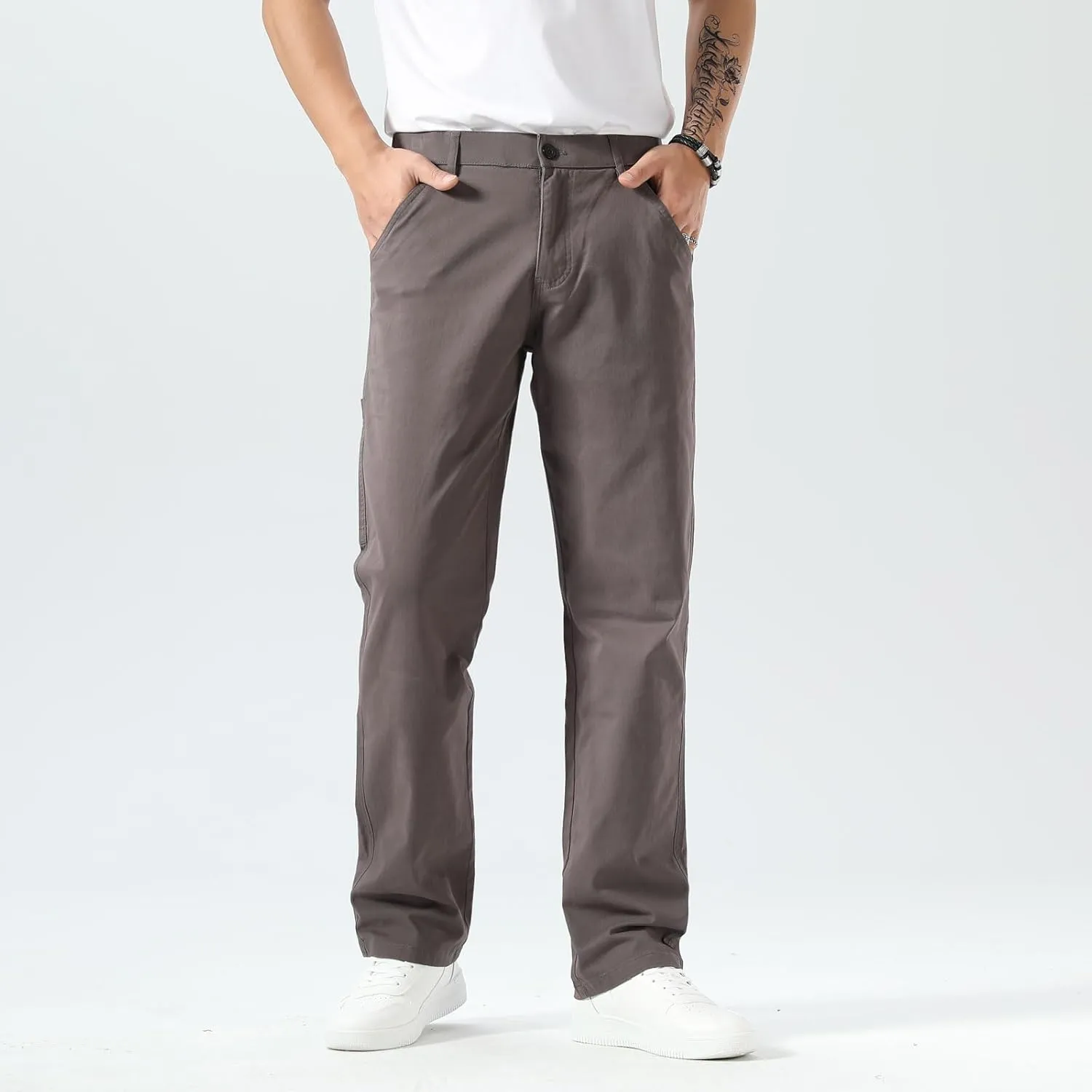 Plaid&Plain Men's Khaki Pants Stretchy Straight Fit with Side Pocket and Elastic Waistband