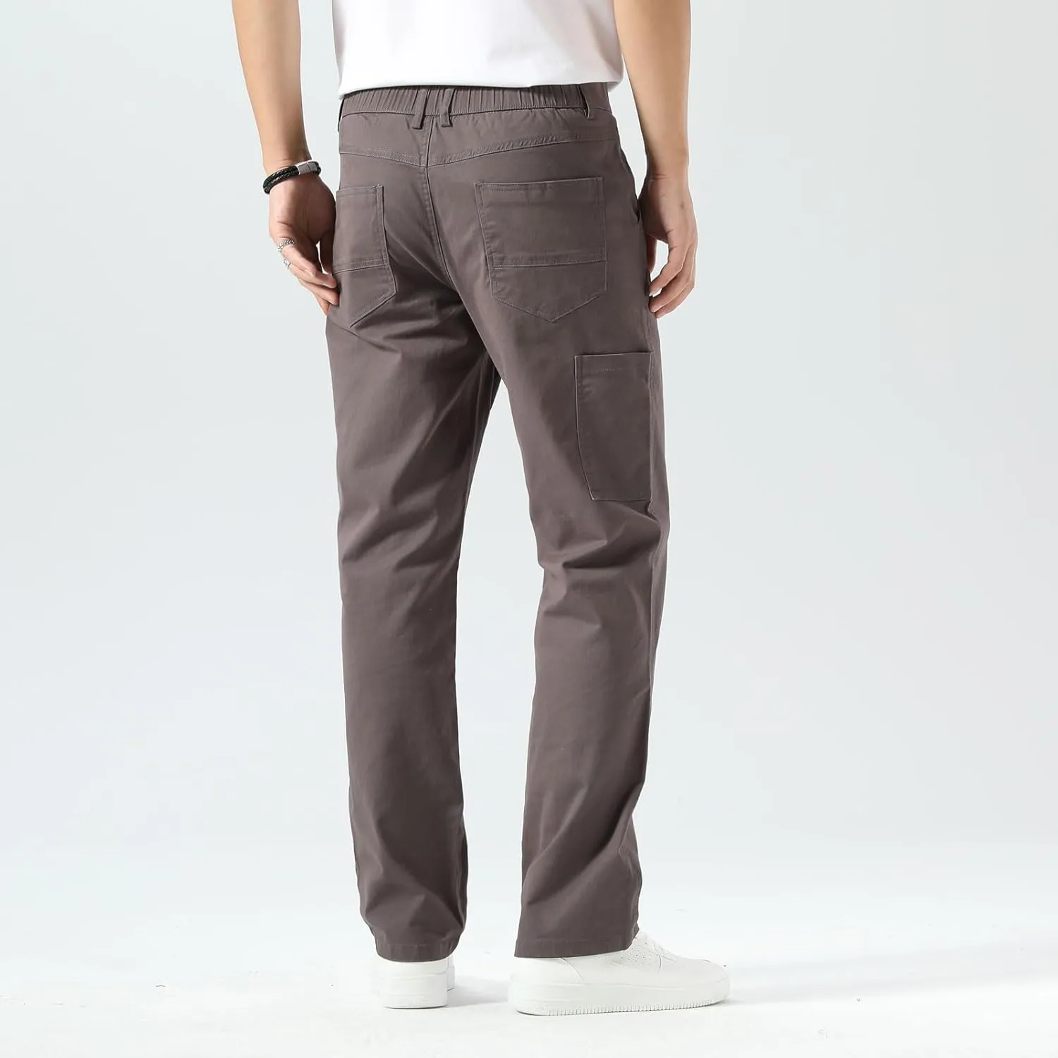 Plaid&Plain Men's Khaki Pants Stretchy Straight Fit with Side Pocket and Elastic Waistband