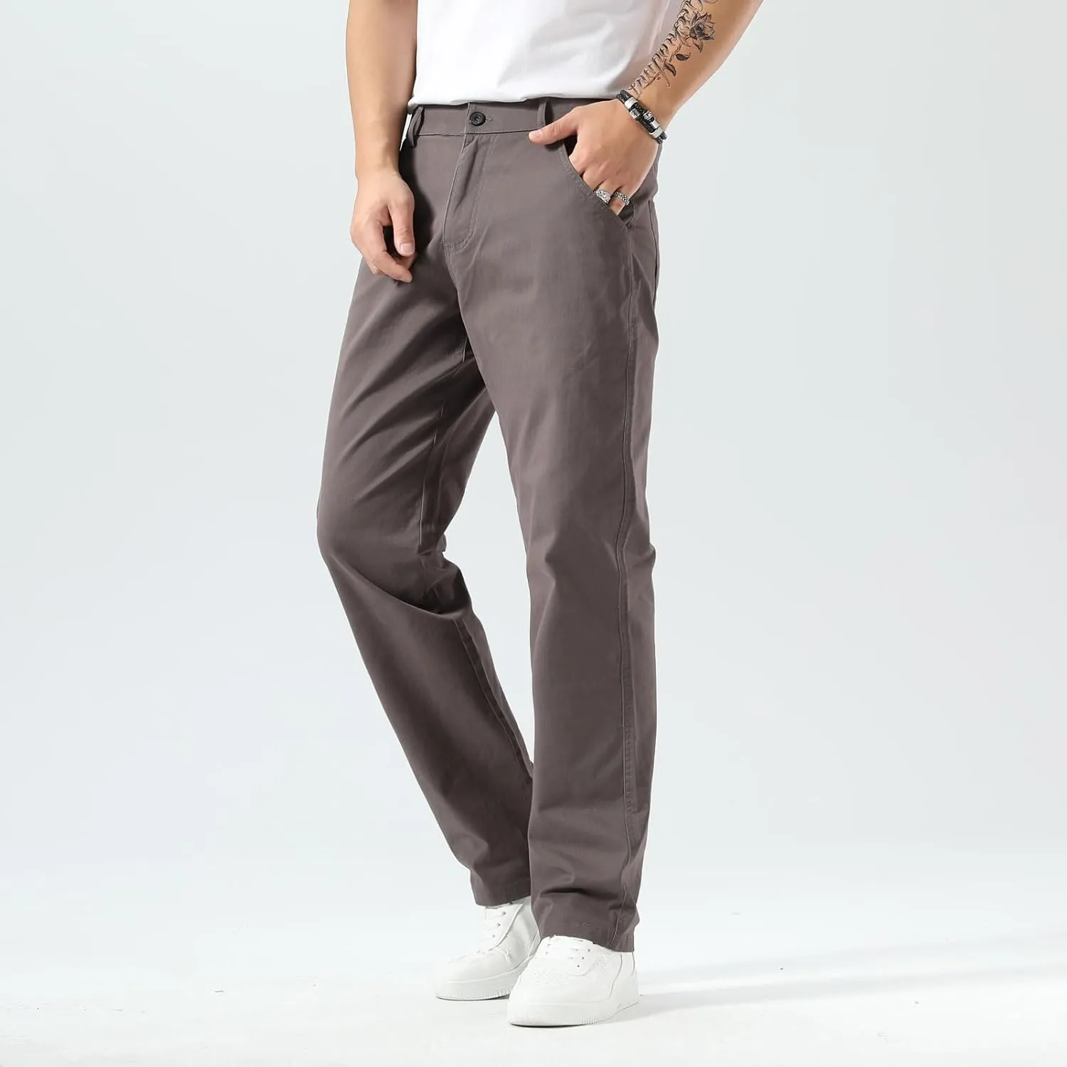 Plaid&Plain Men's Khaki Pants Stretchy Straight Fit with Side Pocket and Elastic Waistband