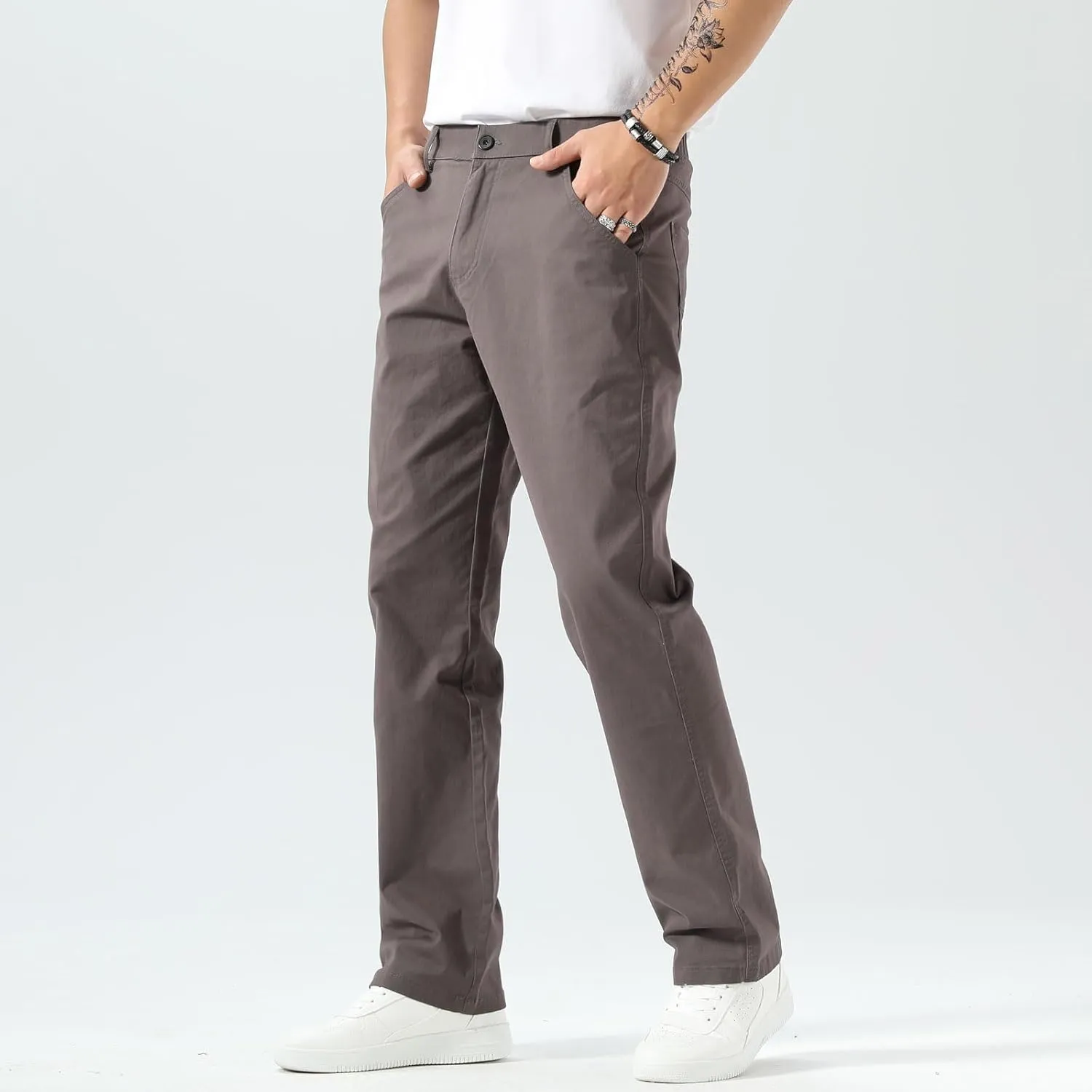 Plaid&Plain Men's Khaki Pants Stretchy Straight Fit with Side Pocket and Elastic Waistband