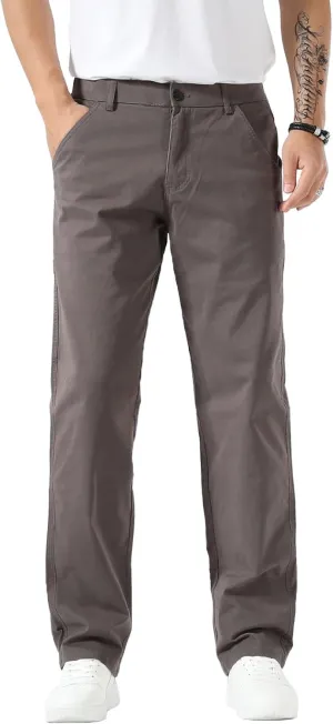 Plaid&Plain Men's Khaki Pants Stretchy Straight Fit with Side Pocket and Elastic Waistband