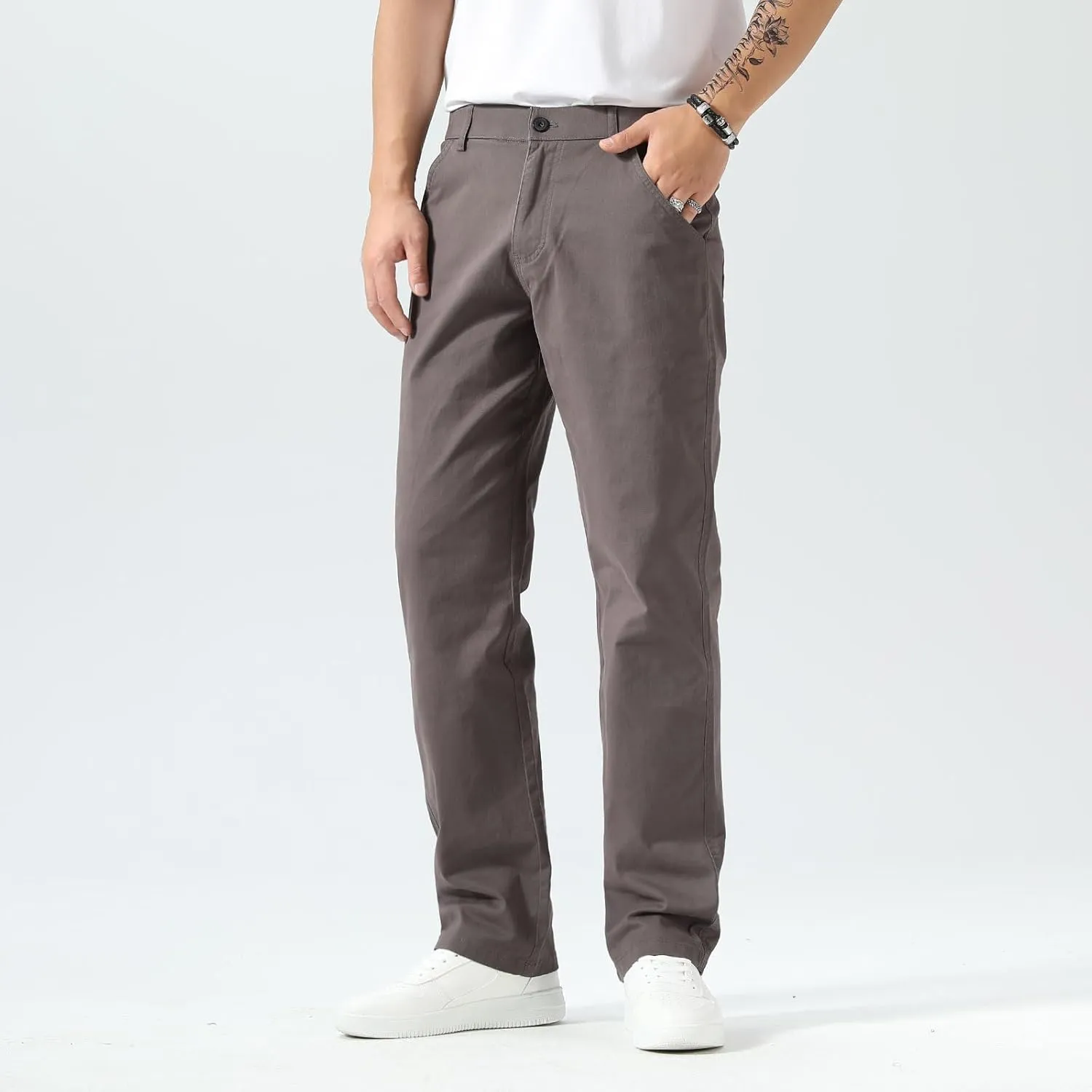 Plaid&Plain Men's Khaki Pants Stretchy Straight Fit with Side Pocket and Elastic Waistband
