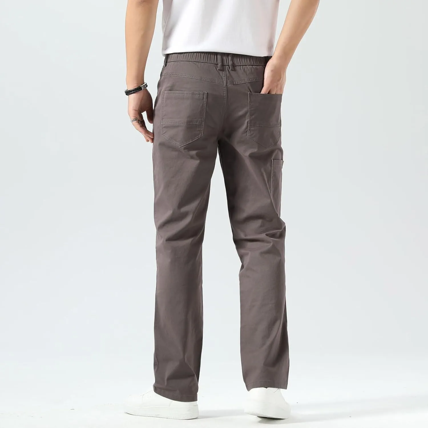 Plaid&Plain Men's Khaki Pants Stretchy Straight Fit with Side Pocket and Elastic Waistband
