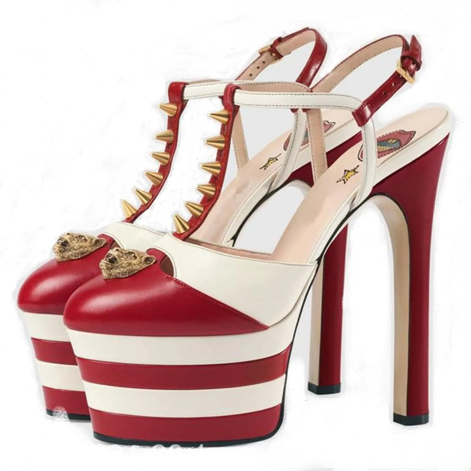 Platform Chunky High Heels Sandals Closed Round Toe Ankle T-Strap Pumps Slingback 16Cm Heels Fashion Studded Rivet Show Party Wedding Dress Shoes,Red,4.5