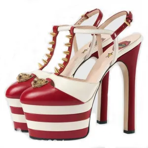 Platform Chunky High Heels Sandals Closed Round Toe Ankle T-Strap Pumps Slingback 16Cm Heels Fashion Studded Rivet Show Party Wedding Dress Shoes,Red,4.5