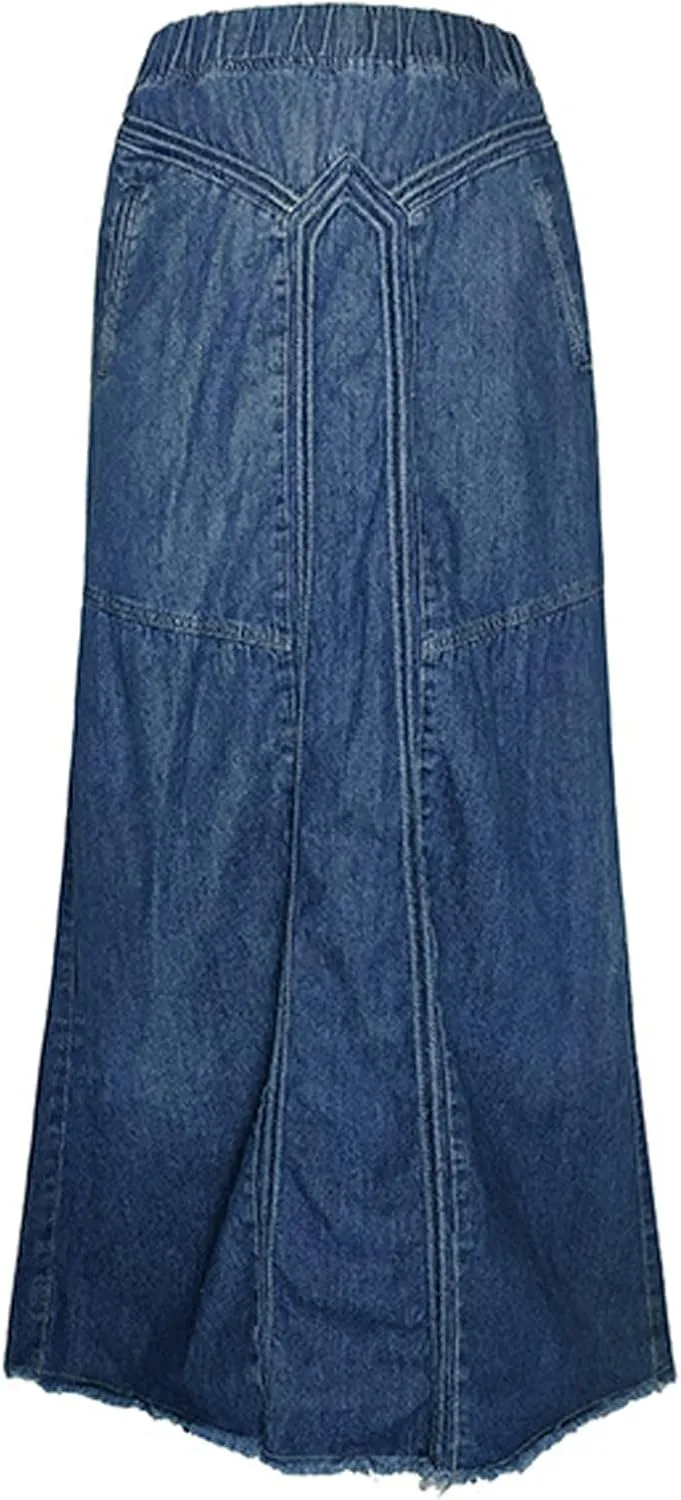 Plus Size Women's Casual Denim Maxi Skirt High Waist A Line Long Denim Skirt Slim Fit A Line Jean Loose Maxi Skirt Girls
