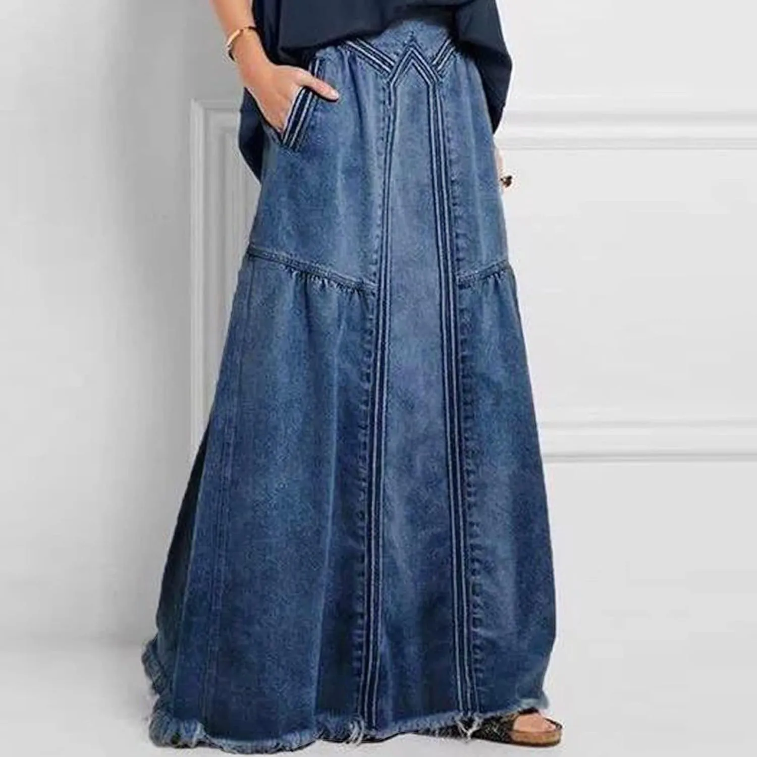 Plus Size Women's Casual Denim Maxi Skirt High Waist A Line Long Denim Skirt Slim Fit A Line Jean Loose Maxi Skirt Girls