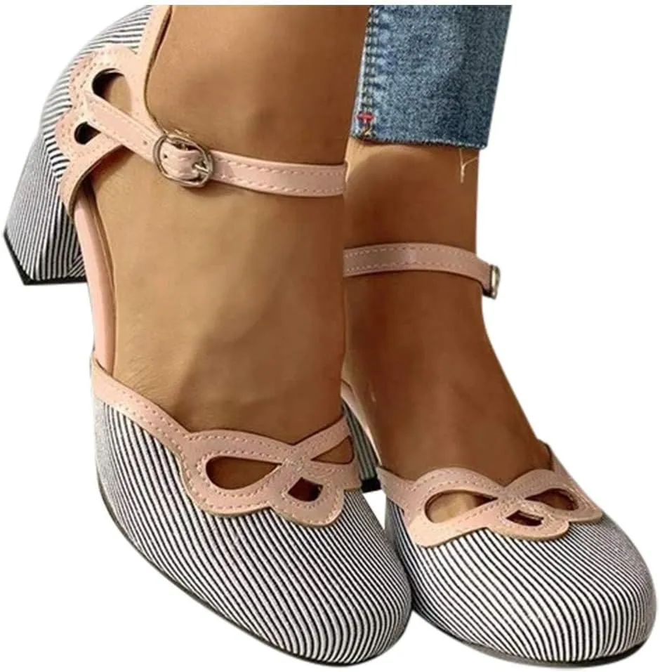 Polka Dot Mary Jane Shoes Ladies Dressy Round Toe Pumps Chunky Low Heels Sweet Ankle Strap Sexy Party Dress Shoes