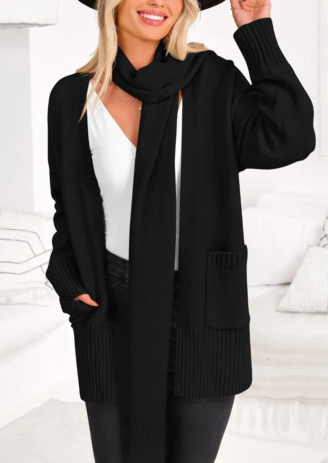PRETTYGARDEN Women's 2024 Fall Fashion Knit Cardigan Sweaters Long Sleeve V Neck Open Front Winter Sweater Jacket with Scarf