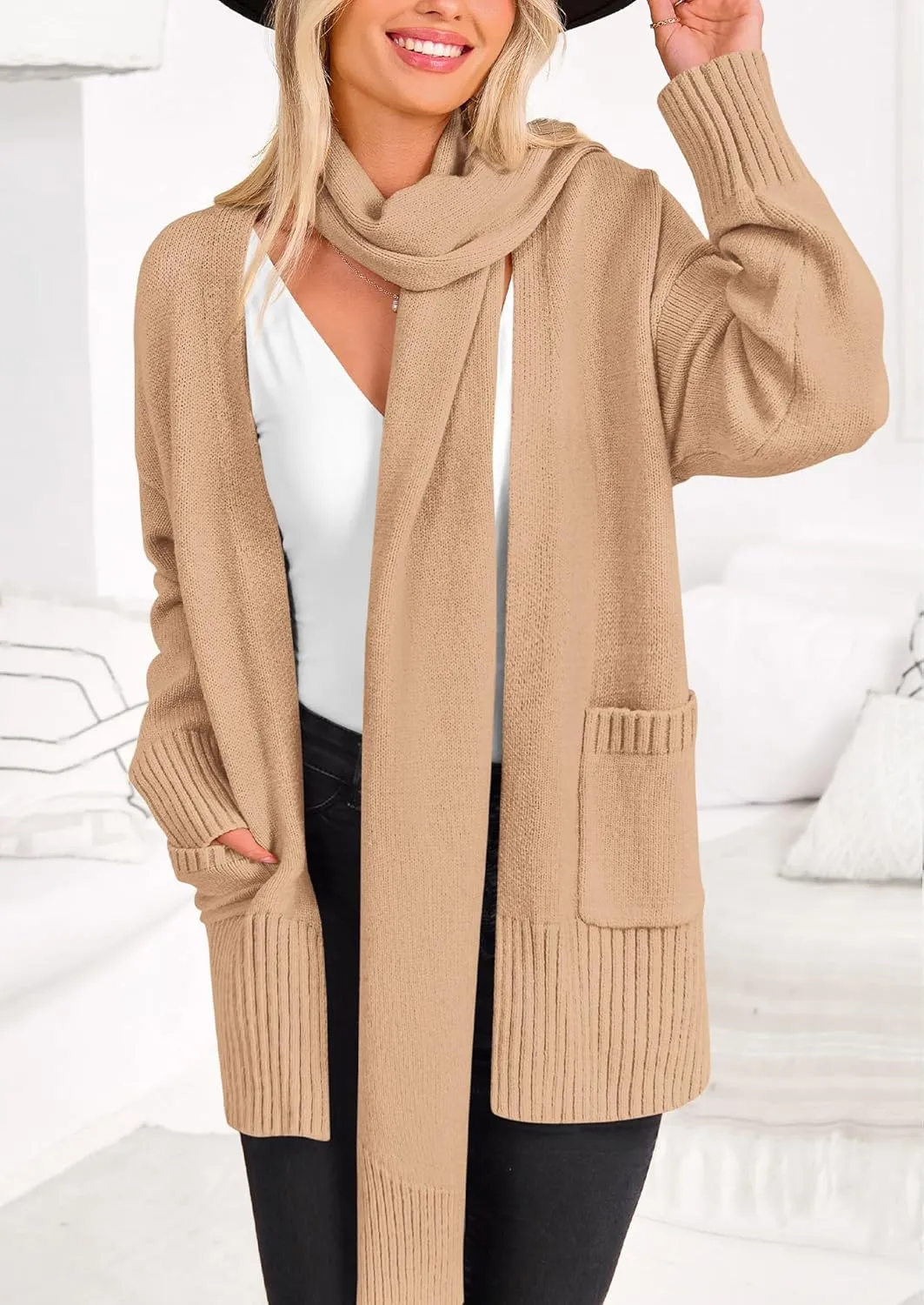 PRETTYGARDEN Women's 2024 Fall Fashion Knit Cardigan Sweaters Long Sleeve V Neck Open Front Winter Sweater Jacket with Scarf
