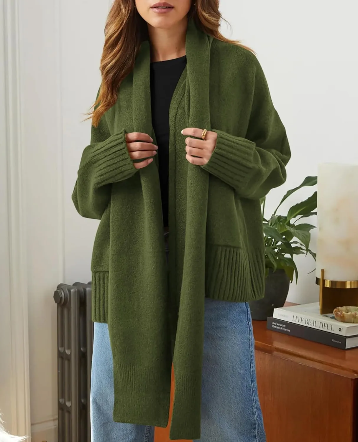 PRETTYGARDEN Women's 2024 Fall Fashion Knit Cardigan Sweaters Long Sleeve V Neck Open Front Winter Sweater Jacket with Scarf