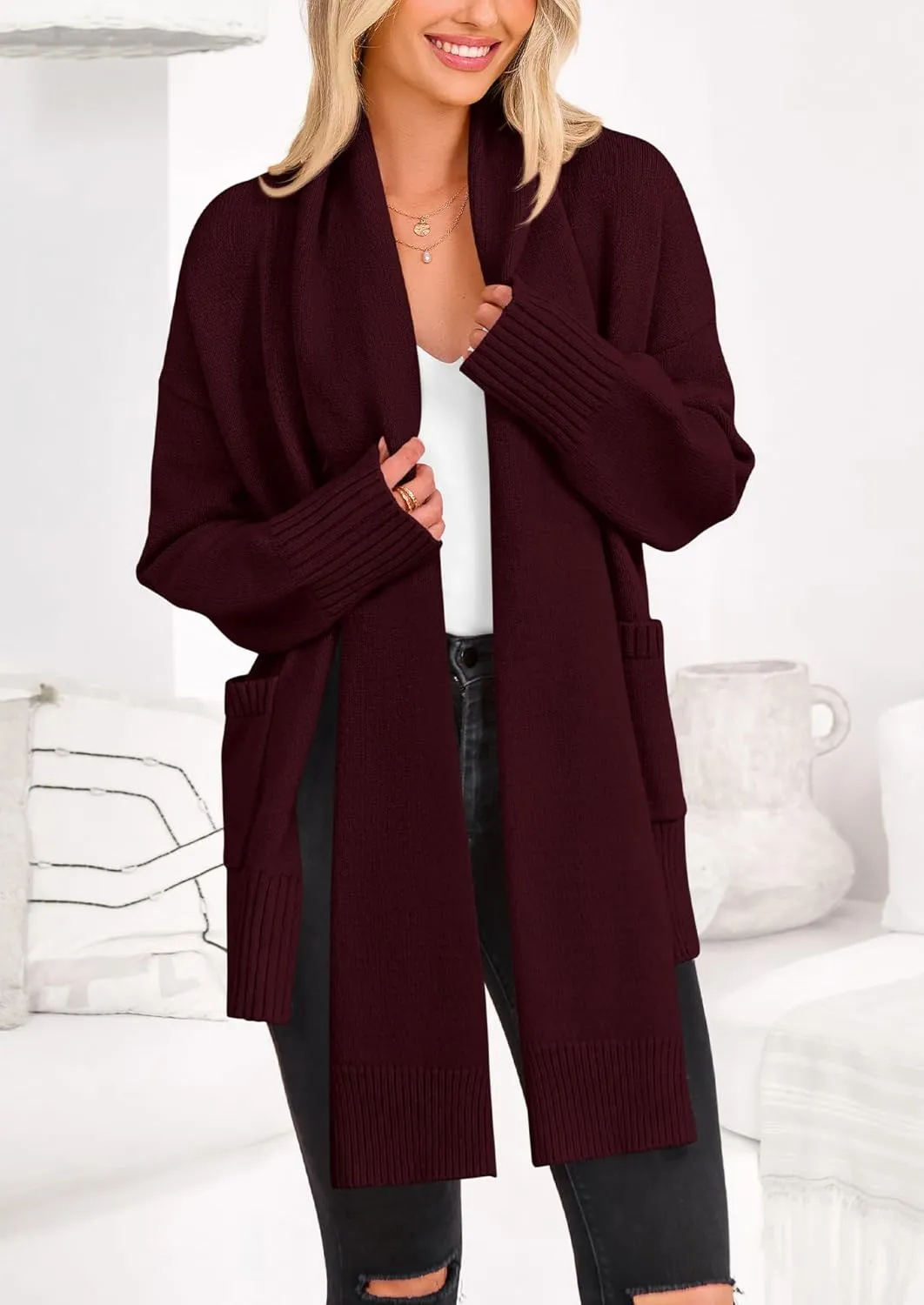 PRETTYGARDEN Women's 2024 Fall Fashion Knit Cardigan Sweaters Long Sleeve V Neck Open Front Winter Sweater Jacket with Scarf