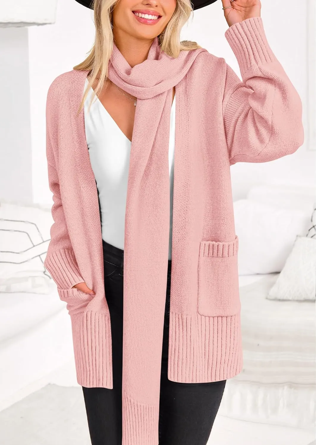PRETTYGARDEN Women's 2024 Fall Fashion Knit Cardigan Sweaters Long Sleeve V Neck Open Front Winter Sweater Jacket with Scarf