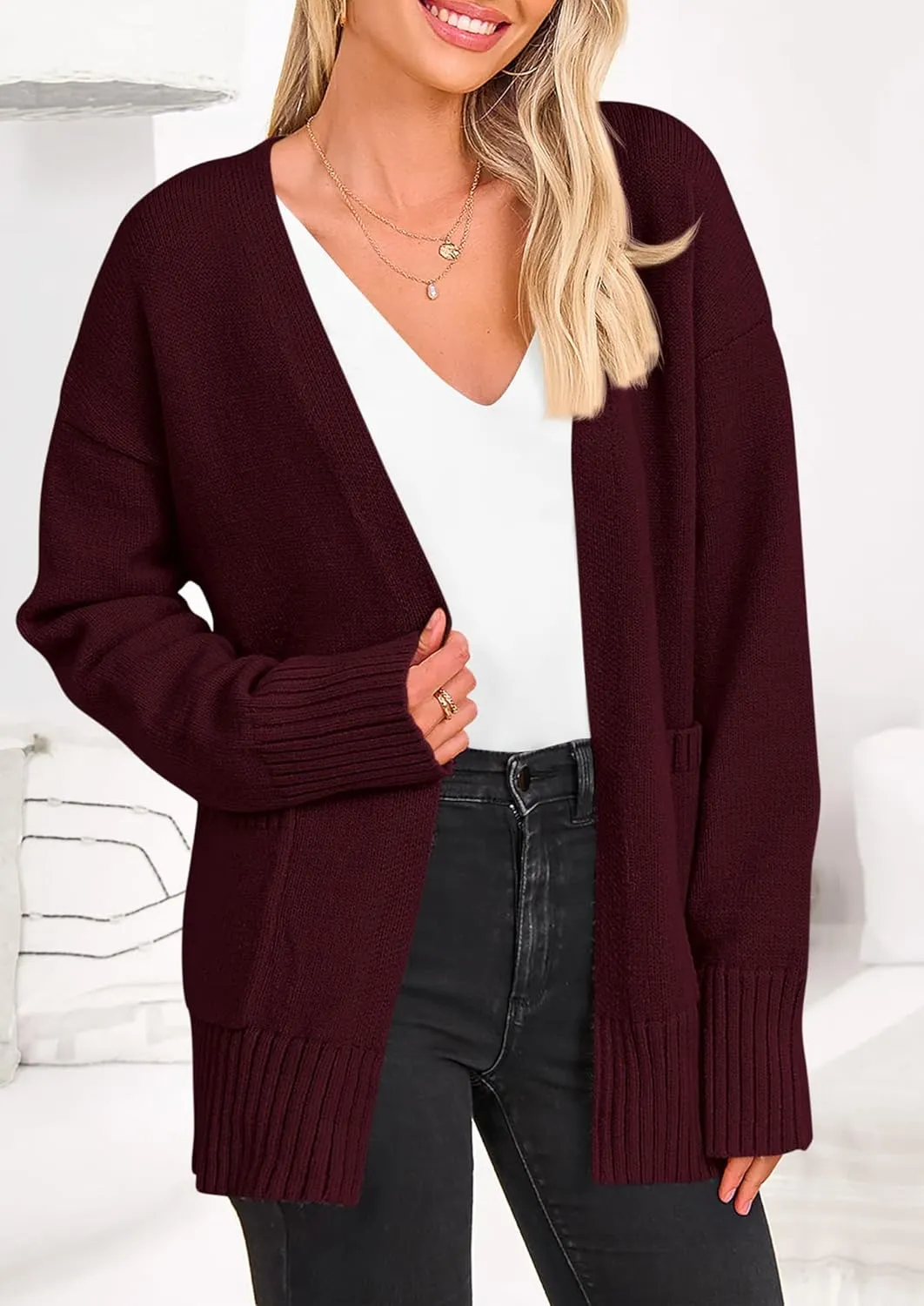PRETTYGARDEN Women's 2024 Fall Fashion Knit Cardigan Sweaters Long Sleeve V Neck Open Front Winter Sweater Jacket with Scarf