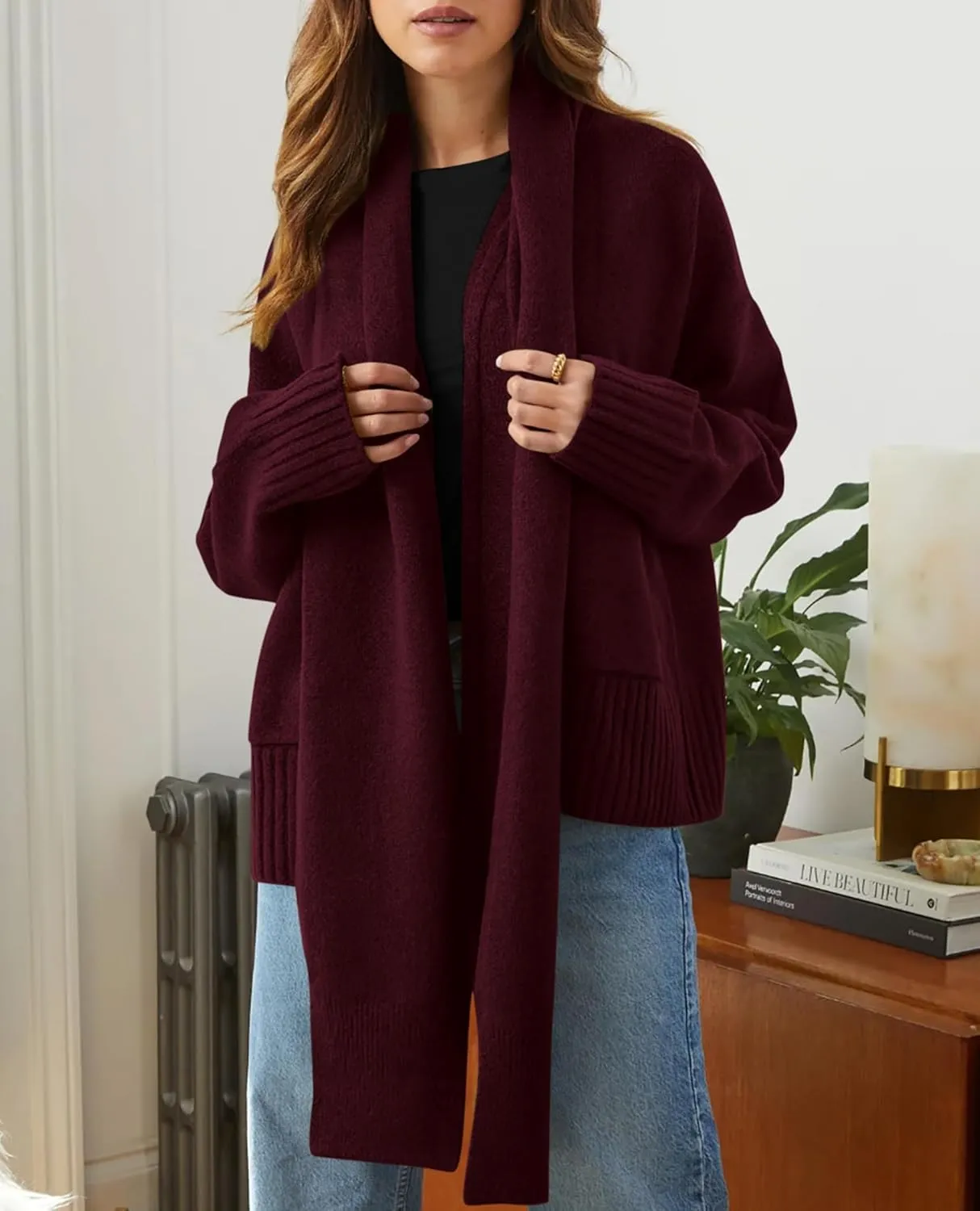 PRETTYGARDEN Women's 2024 Fall Fashion Knit Cardigan Sweaters Long Sleeve V Neck Open Front Winter Sweater Jacket with Scarf