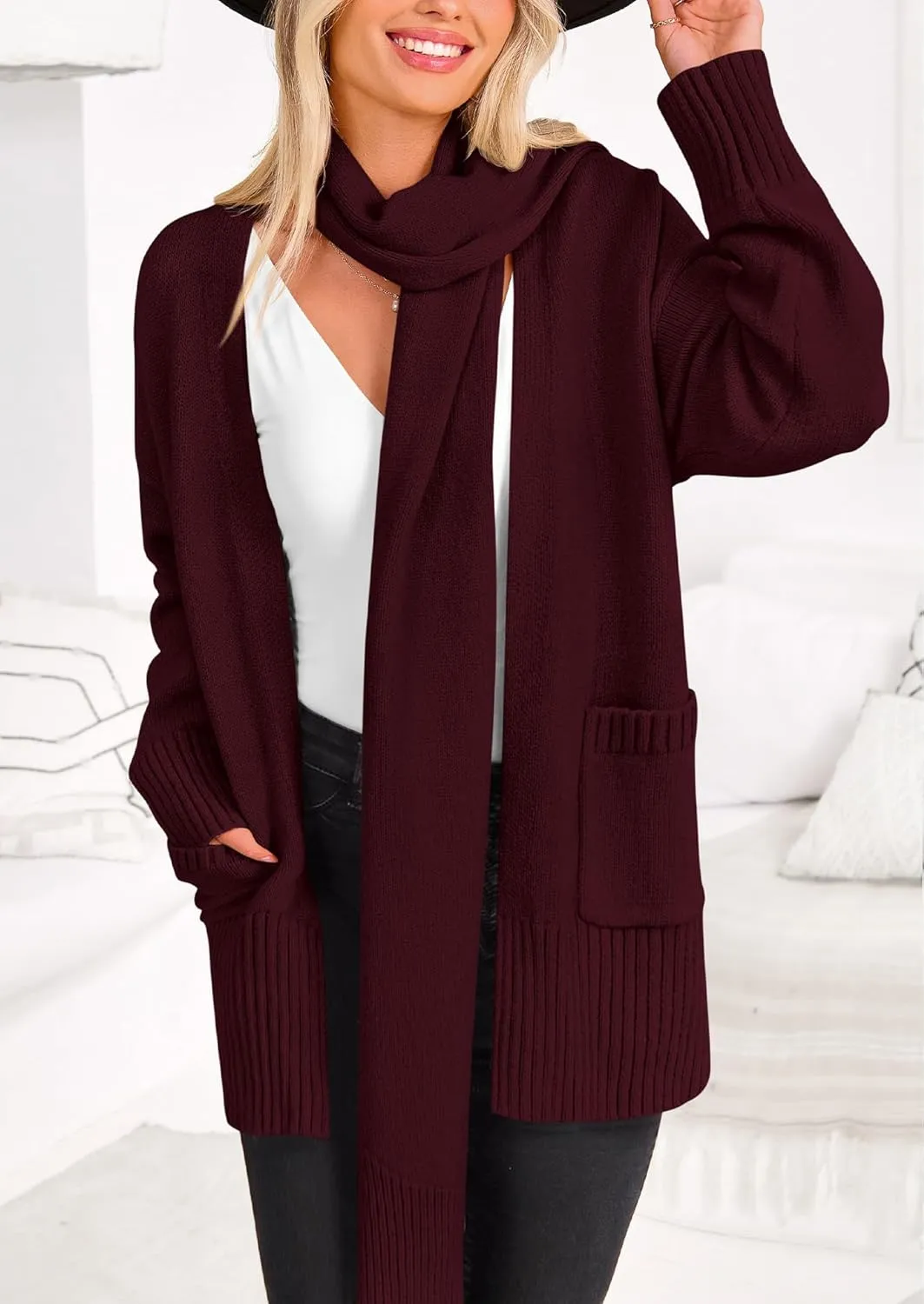 PRETTYGARDEN Women's 2024 Fall Fashion Knit Cardigan Sweaters Long Sleeve V Neck Open Front Winter Sweater Jacket with Scarf