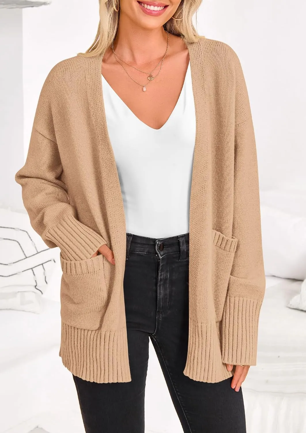 PRETTYGARDEN Women's 2024 Fall Fashion Knit Cardigan Sweaters Long Sleeve V Neck Open Front Winter Sweater Jacket with Scarf
