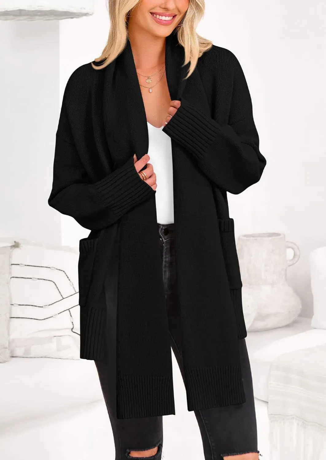 PRETTYGARDEN Women's 2024 Fall Fashion Knit Cardigan Sweaters Long Sleeve V Neck Open Front Winter Sweater Jacket with Scarf