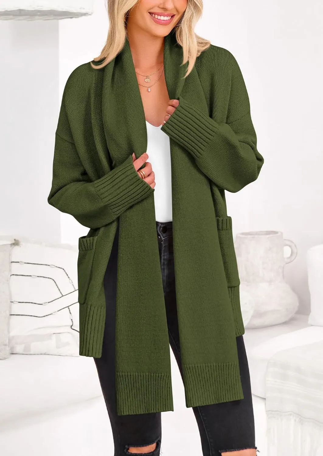 PRETTYGARDEN Women's 2024 Fall Fashion Knit Cardigan Sweaters Long Sleeve V Neck Open Front Winter Sweater Jacket with Scarf