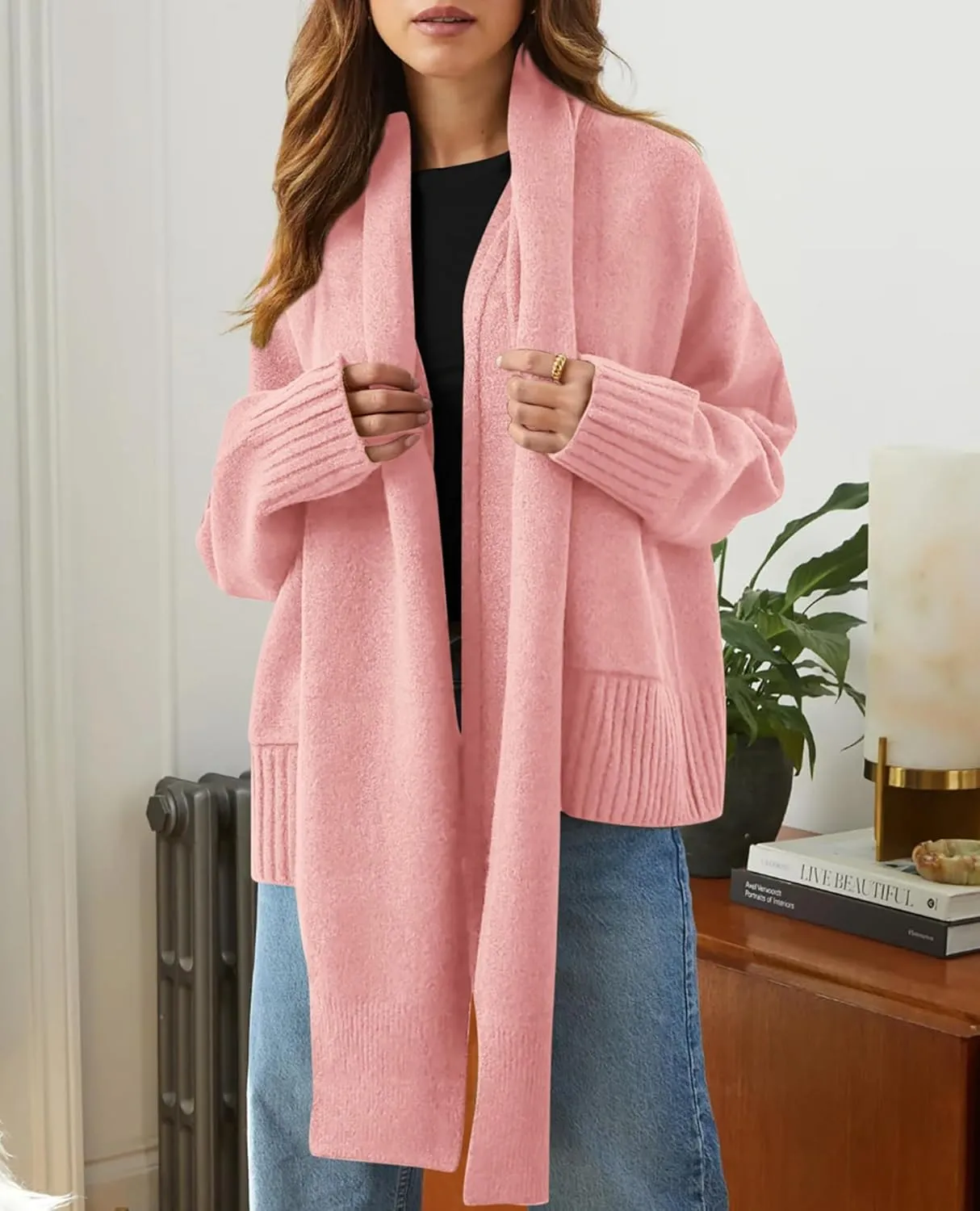 PRETTYGARDEN Women's 2024 Fall Fashion Knit Cardigan Sweaters Long Sleeve V Neck Open Front Winter Sweater Jacket with Scarf