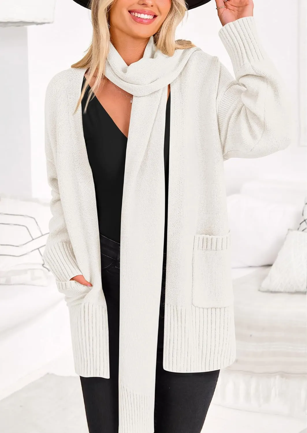 PRETTYGARDEN Women's 2024 Fall Fashion Knit Cardigan Sweaters Long Sleeve V Neck Open Front Winter Sweater Jacket with Scarf