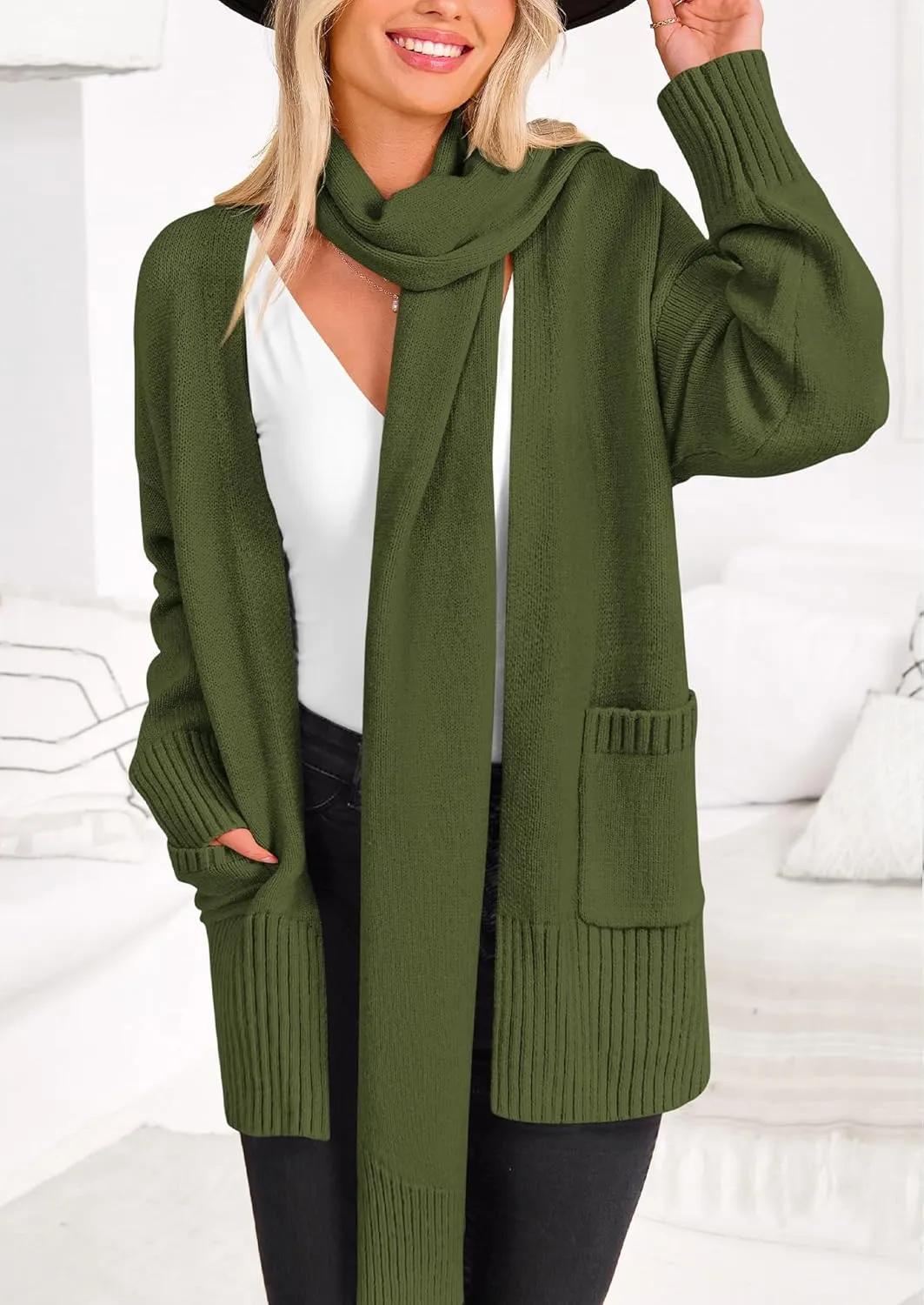 PRETTYGARDEN Women's 2024 Fall Fashion Knit Cardigan Sweaters Long Sleeve V Neck Open Front Winter Sweater Jacket with Scarf