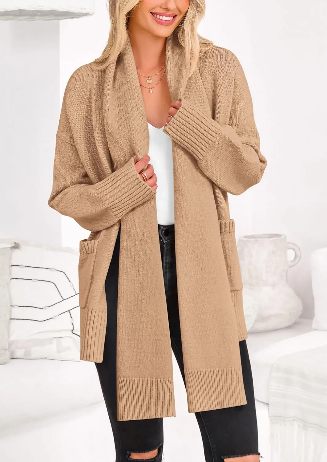 PRETTYGARDEN Women's 2024 Fall Fashion Knit Cardigan Sweaters Long Sleeve V Neck Open Front Winter Sweater Jacket with Scarf