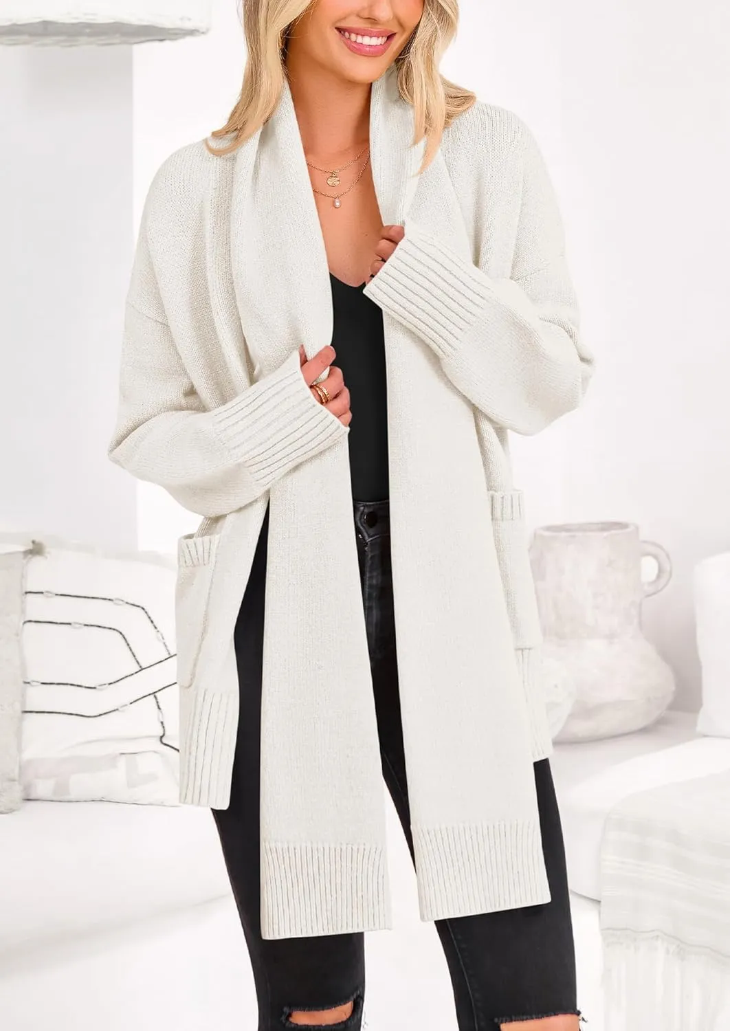 PRETTYGARDEN Women's 2024 Fall Fashion Knit Cardigan Sweaters Long Sleeve V Neck Open Front Winter Sweater Jacket with Scarf