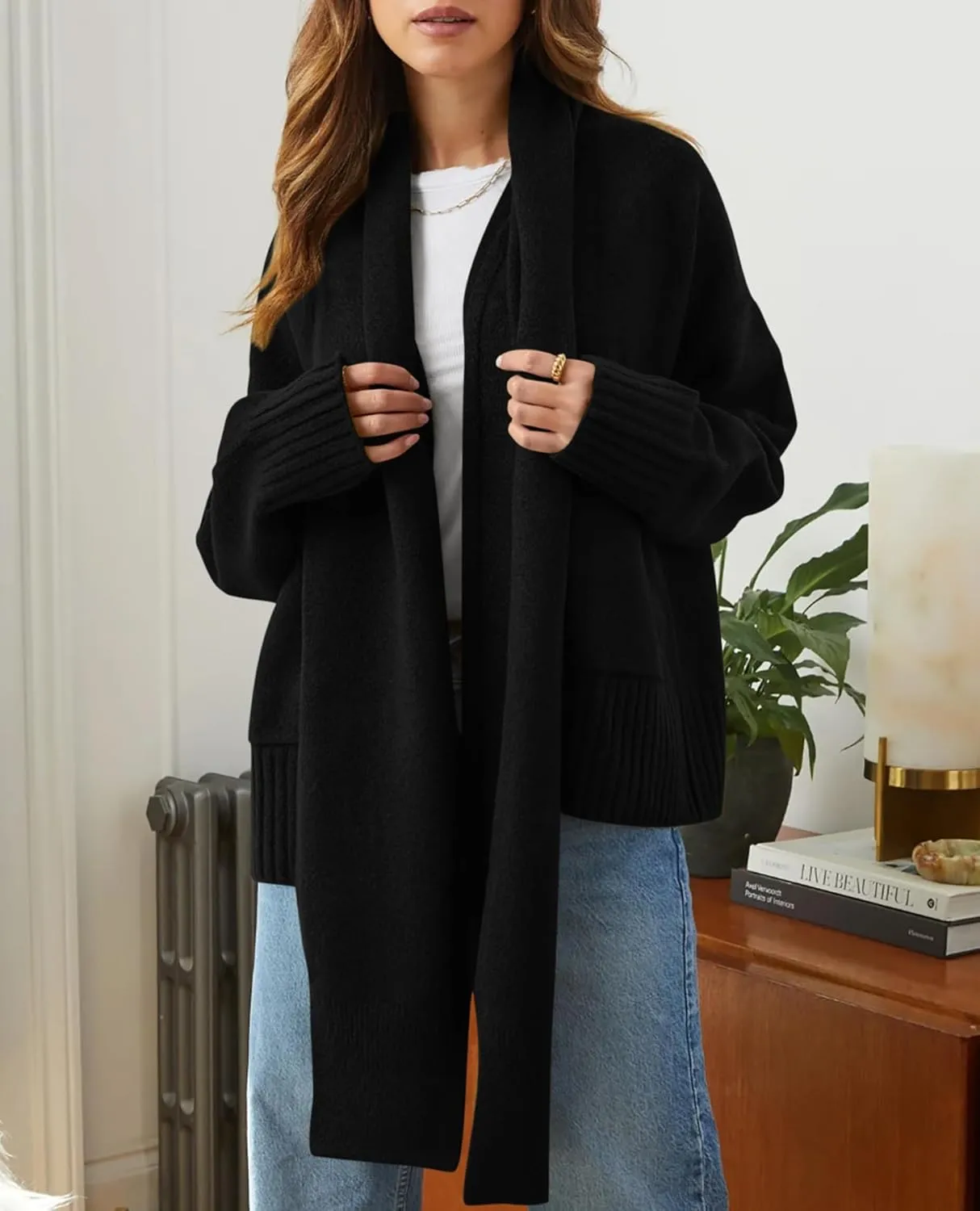 PRETTYGARDEN Women's 2024 Fall Fashion Knit Cardigan Sweaters Long Sleeve V Neck Open Front Winter Sweater Jacket with Scarf
