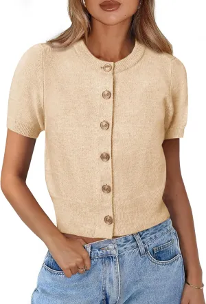 PRETTYGARDEN Womens Casual Summer Short Sleeve Cardigans 2025 Button Down Knitted Sweater Basic Crew Neck Crop Tops