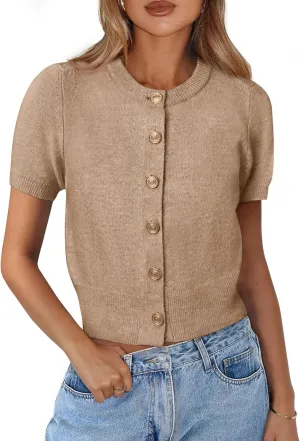 PRETTYGARDEN Womens Casual Summer Short Sleeve Cardigans 2025 Button Down Knitted Sweater Basic Crew Neck Crop Tops