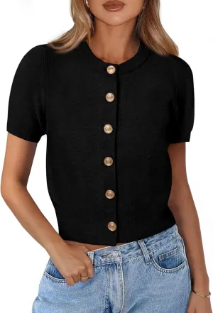 PRETTYGARDEN Womens Casual Summer Short Sleeve Cardigans 2025 Button Down Knitted Sweater Basic Crew Neck Crop Tops