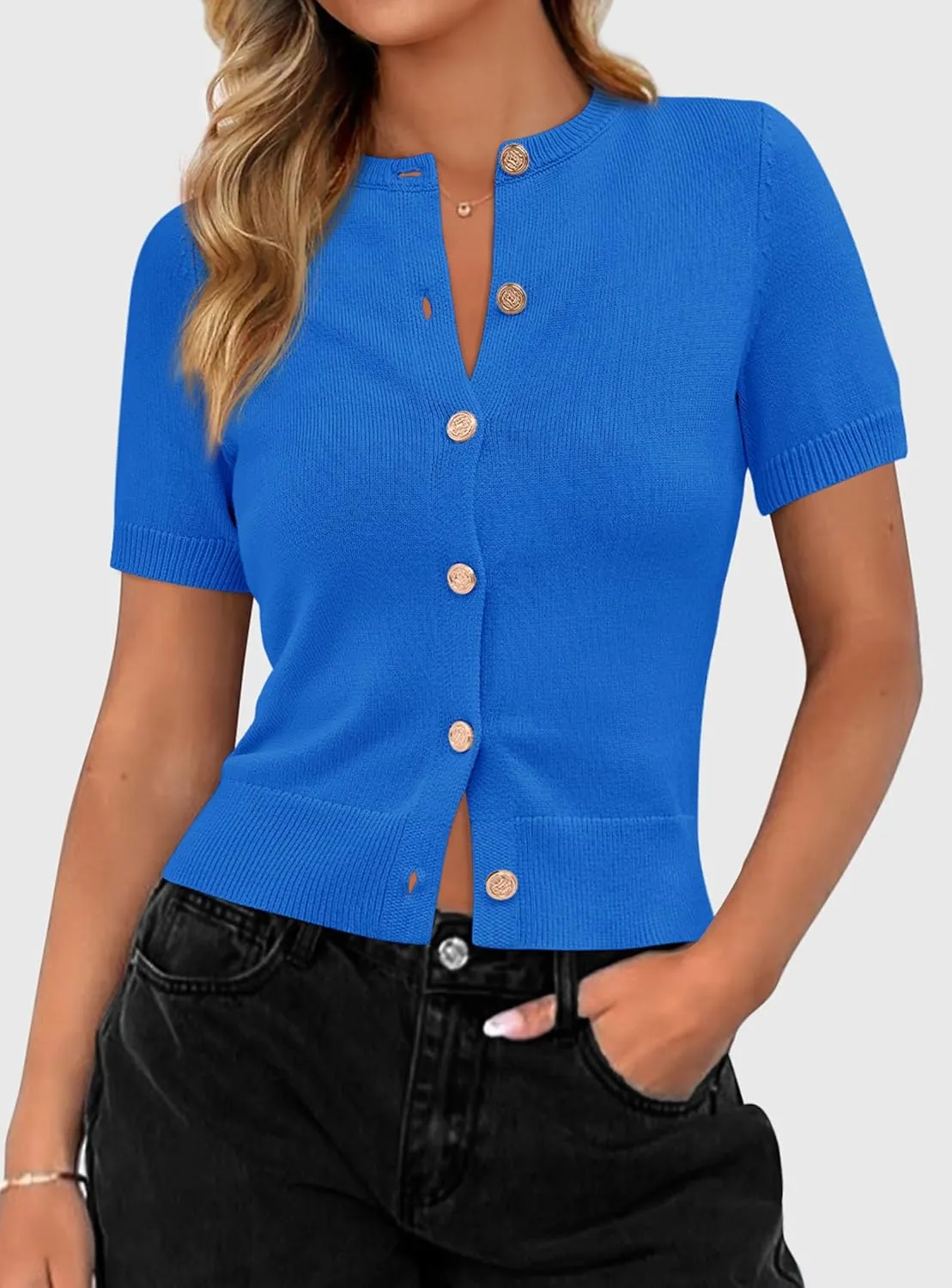 PRETTYGARDEN Womens Casual Summer Short Sleeve Cardigans 2025 Button Down Knitted Sweater Basic Crew Neck Crop Tops