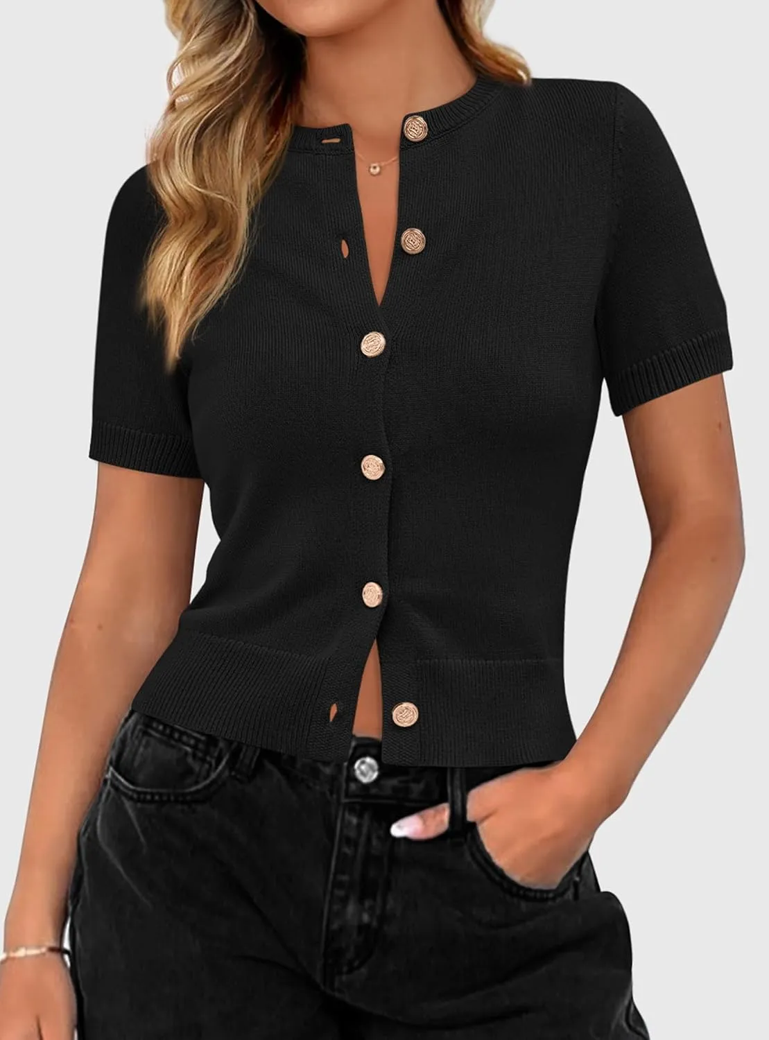 PRETTYGARDEN Womens Casual Summer Short Sleeve Cardigans 2025 Button Down Knitted Sweater Basic Crew Neck Crop Tops