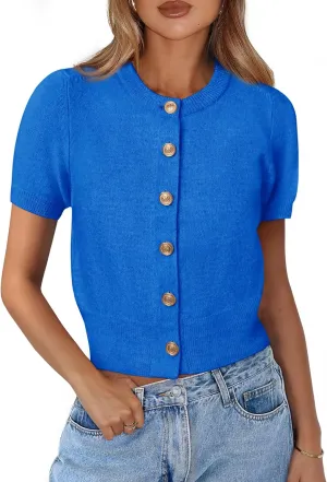 PRETTYGARDEN Womens Casual Summer Short Sleeve Cardigans 2025 Button Down Knitted Sweater Basic Crew Neck Crop Tops