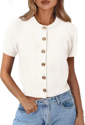 PRETTYGARDEN Womens Casual Summer Short Sleeve Cardigans 2025 Button Down Knitted Sweater Basic Crew Neck Crop Tops