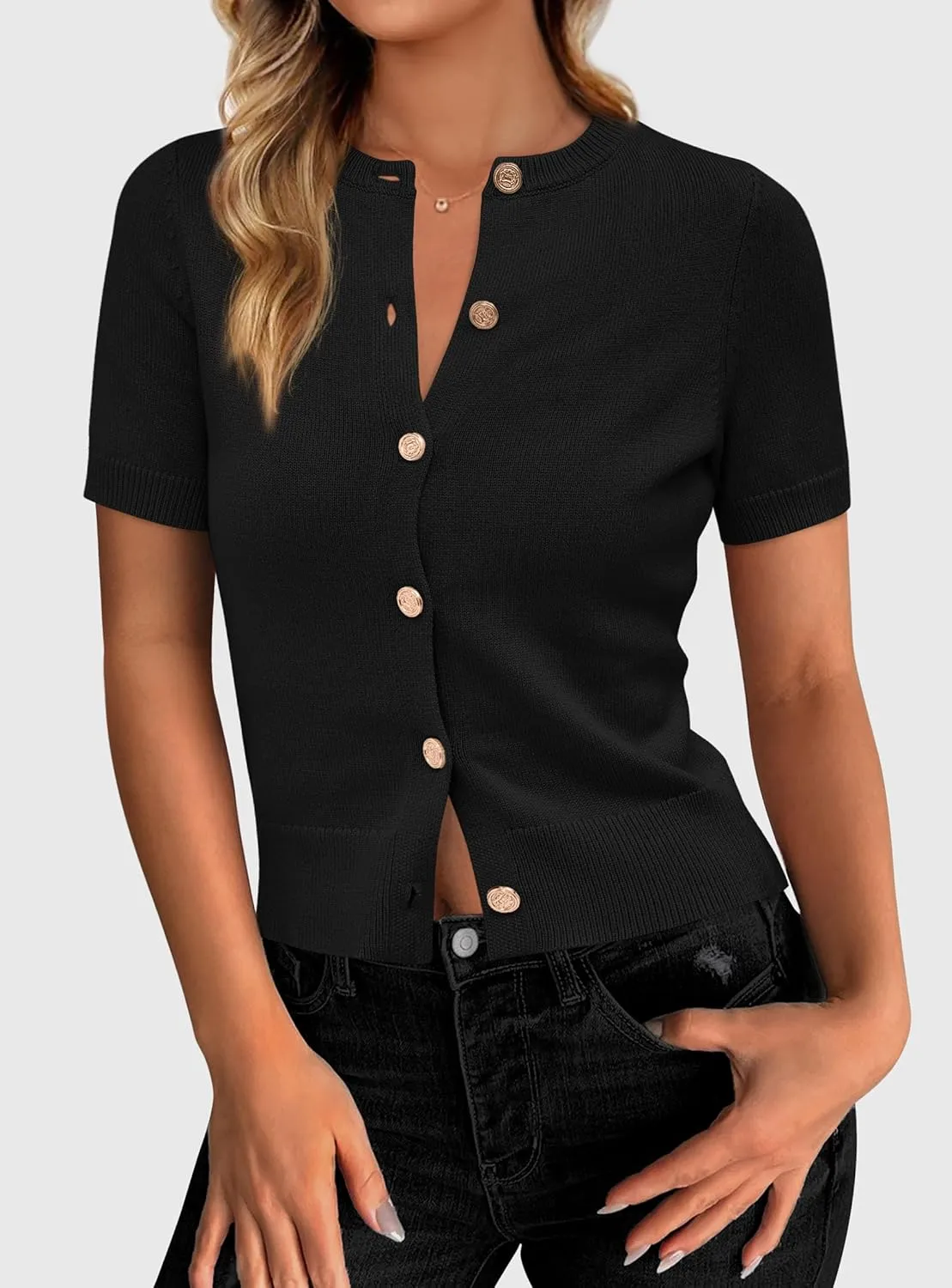 PRETTYGARDEN Womens Casual Summer Short Sleeve Cardigans 2025 Button Down Knitted Sweater Basic Crew Neck Crop Tops