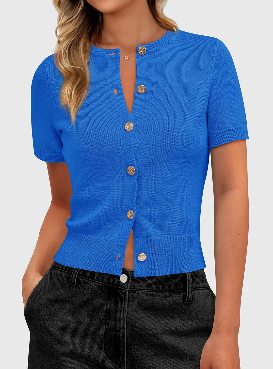 PRETTYGARDEN Womens Casual Summer Short Sleeve Cardigans 2025 Button Down Knitted Sweater Basic Crew Neck Crop Tops