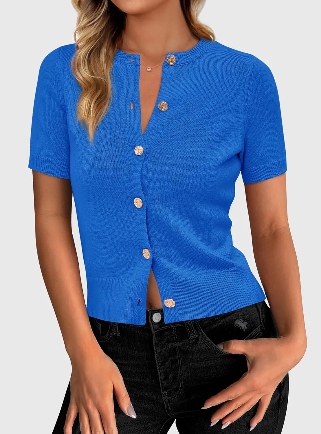 PRETTYGARDEN Womens Casual Summer Short Sleeve Cardigans 2025 Button Down Knitted Sweater Basic Crew Neck Crop Tops